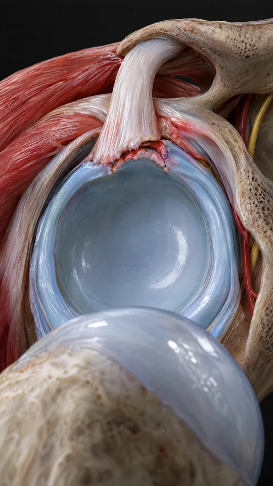 Inside the shoulder socket showing a tear in the cartilage rim where the biceps tendon attaches at the top