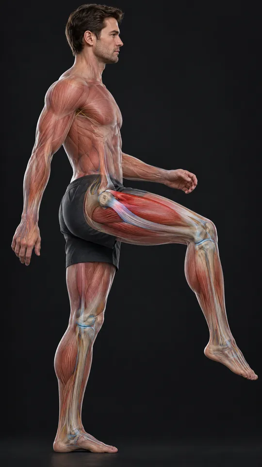 Man lifting one knee with the thick band on the outer thigh shown passing over the bony point of the hip