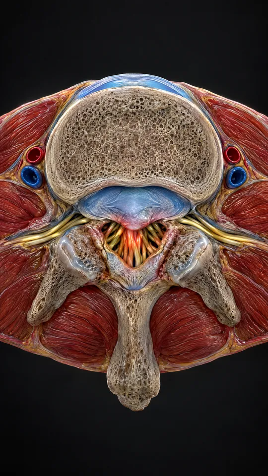 Cross-section of a lower back vertebra showing a narrowed spinal canal crowding the nerves