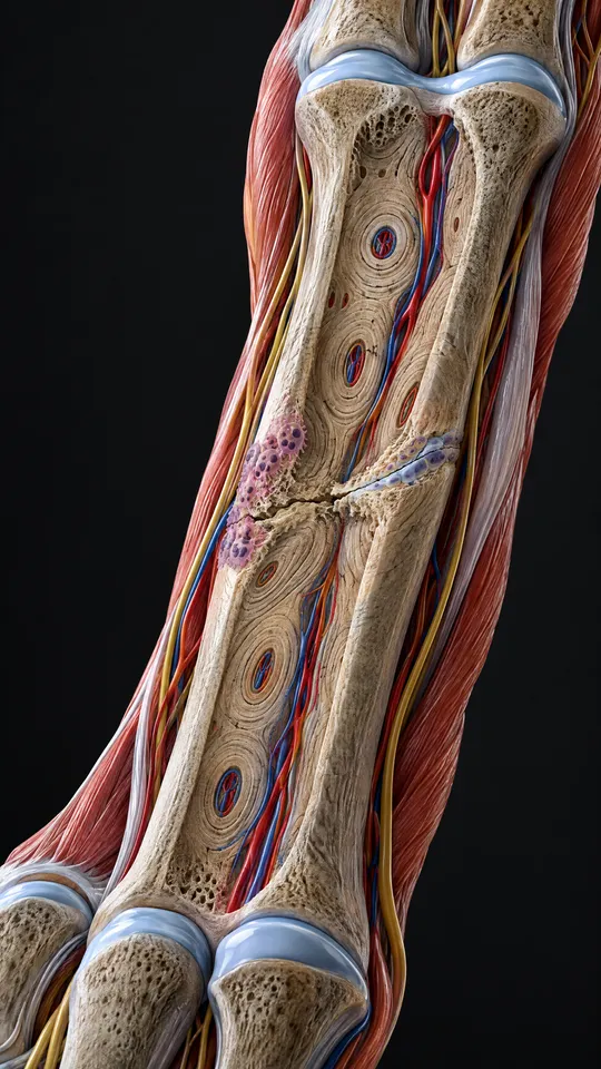 Close view of a long foot bone showing a fine hairline crack across it