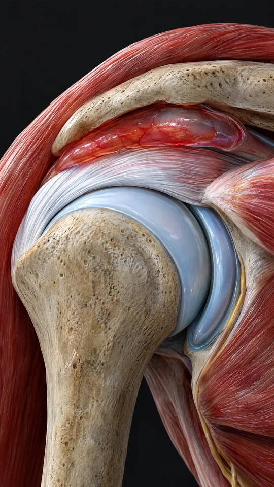 Top of the shoulder showing a swollen bursa between the bony roof and the rotator cuff tendon