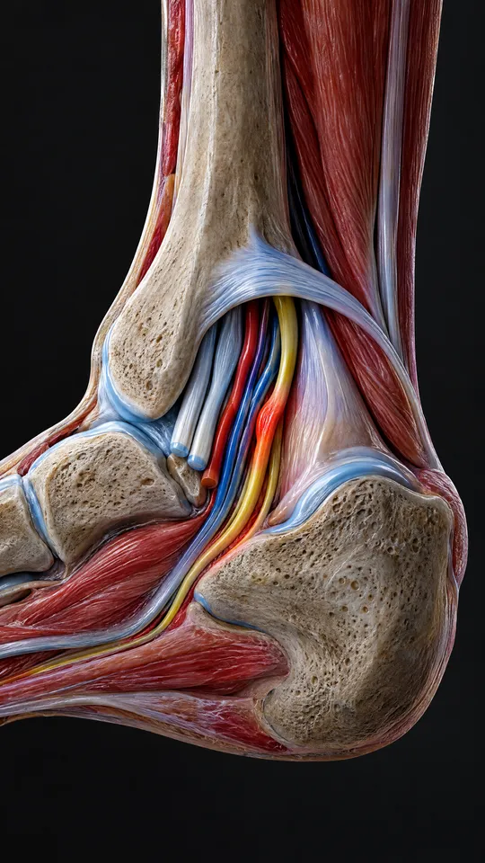 Inner ankle showing the tibial nerve, tendons and vessels passing through a narrow tunnel behind the ankle bone