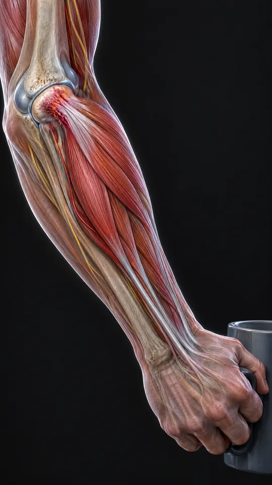 Outer elbow and forearm showing the wrist extensor muscles joining one tendon on the outer elbow bone, shown irritated