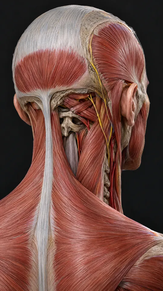 Back of the head and neck showing the scalp tendon sheet, the muscles at the back of the skull and the neck muscles