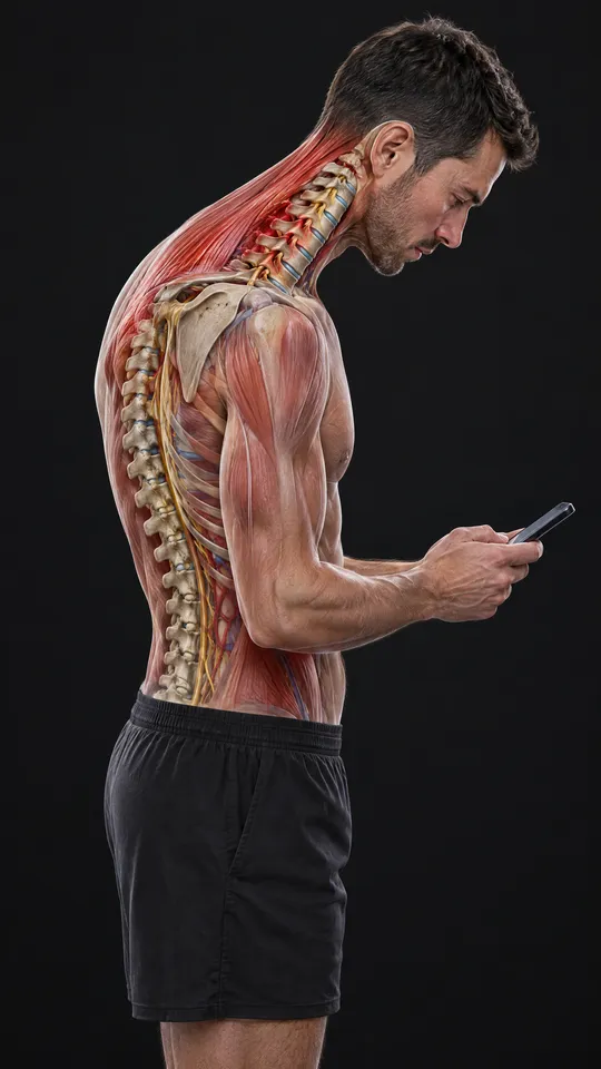 Man looking down at a phone with the neck bones and the strained muscles at the back of the neck shown