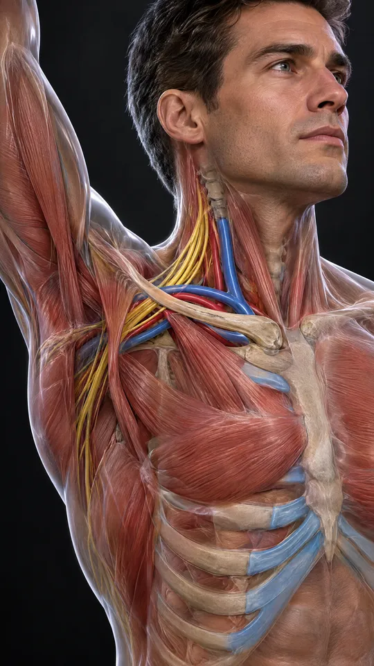 Neck and shoulder showing the nerves and blood vessels passing between the collarbone and the first rib