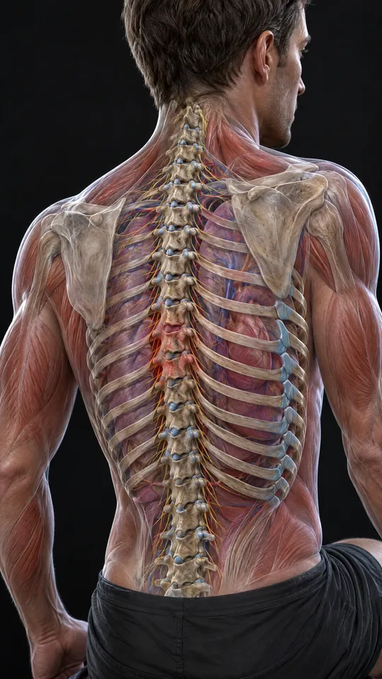 Upper back from behind showing the thoracic spine, the ribs joining it and the shoulder blades, with one stiff segment highlighted
