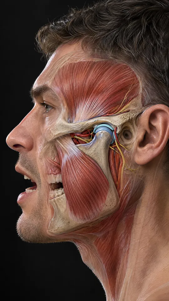 Side of the face showing the jaw joint in front of the ear, its small disc and the chewing muscles