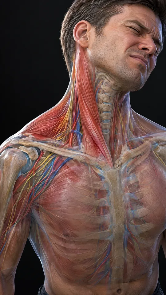 Man with his head tilted to one side and the tight neck muscle shown on that side
