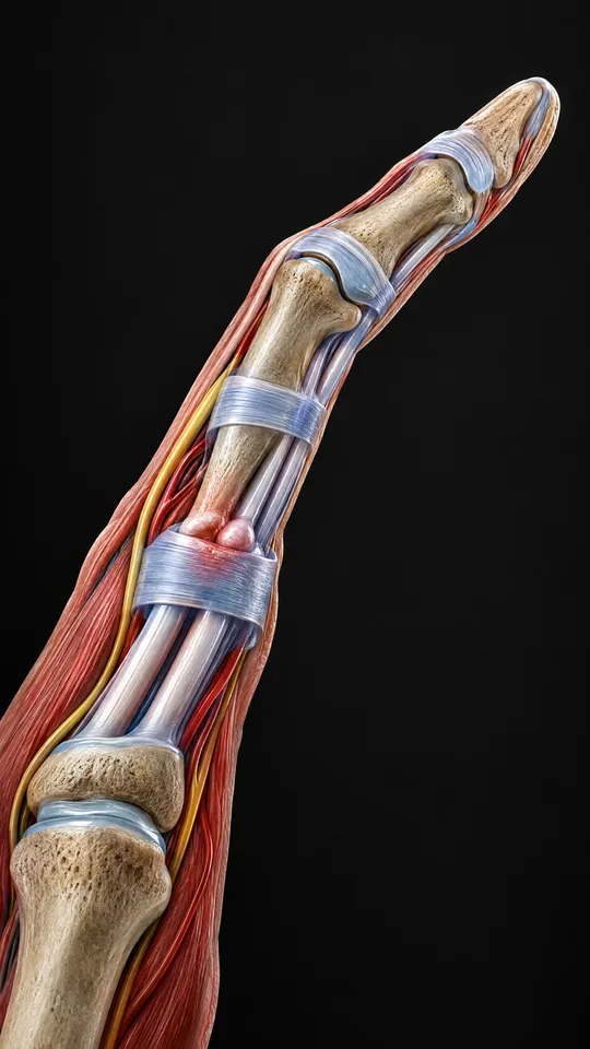 Side view of one finger showing the flexor tendon catching at a thickened pulley near the base of the finger