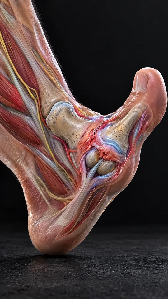 Big toe bent upward showing the torn ligament under the big toe joint and the two small sesamoid bones