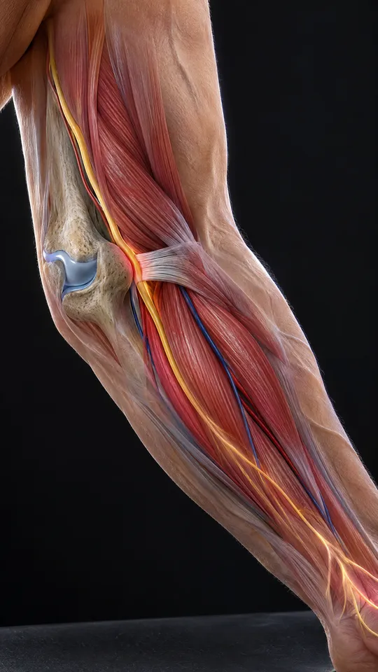 Inner elbow showing the ulnar nerve passing behind the bony point of the elbow and into the forearm