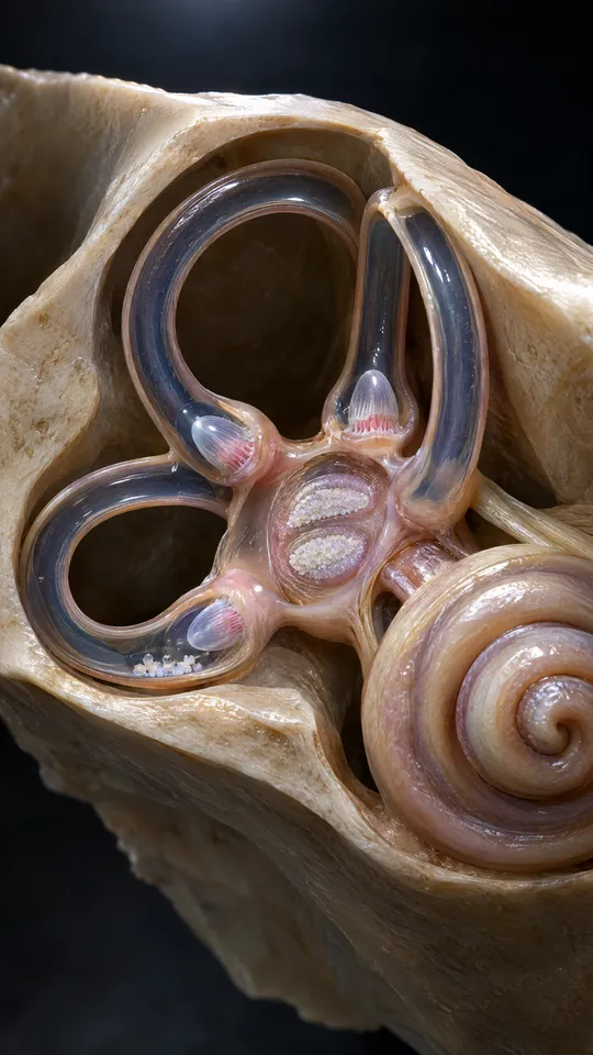 Cutaway of the inner ear showing the three fluid-filled balance canals and loose calcium crystals resting in one canal