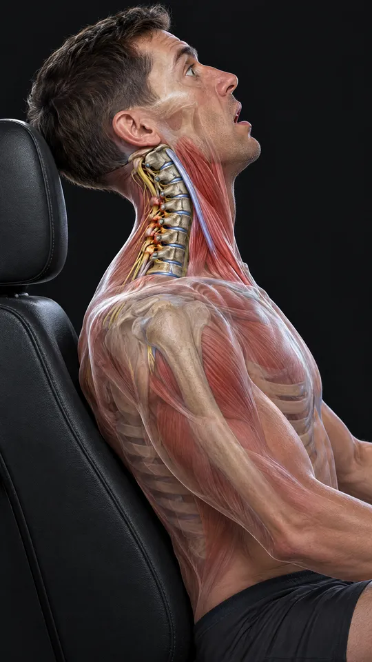 Side view of the neck bones bending in an S-shape as the head moves back against a car headrest