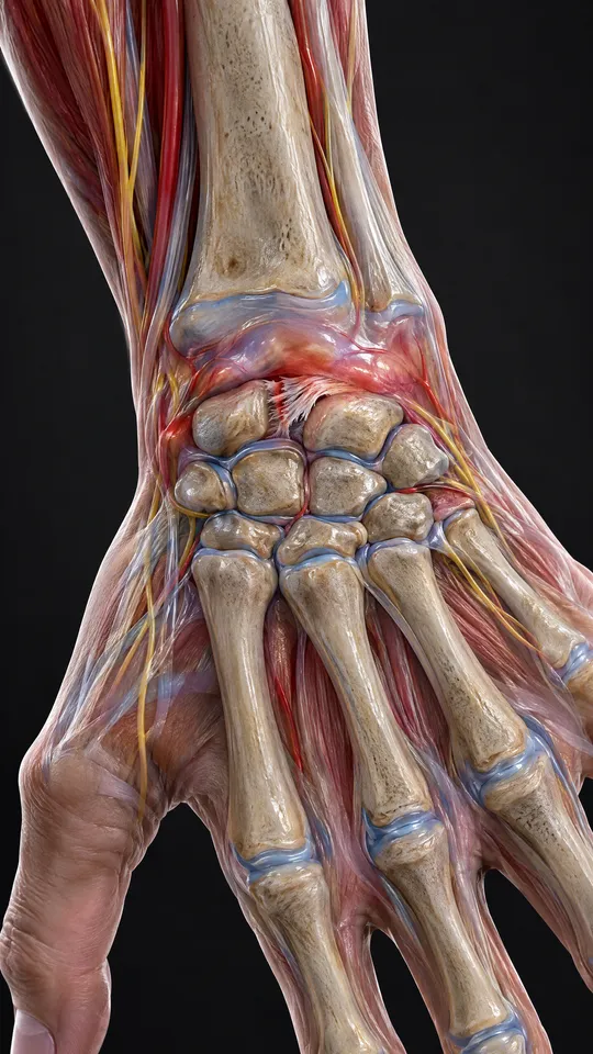 Back of the wrist showing the small wrist bones and a stretched ligament between two of them