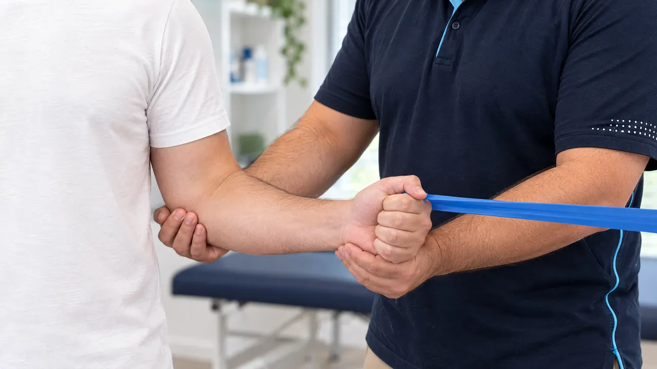 Close-up of a resistance band shoulder exercise being coached