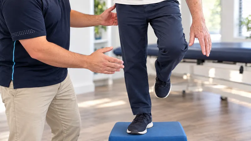 Close-up of an older man doing a single-leg balance exercise with the physiotherapist’s hands ready to support