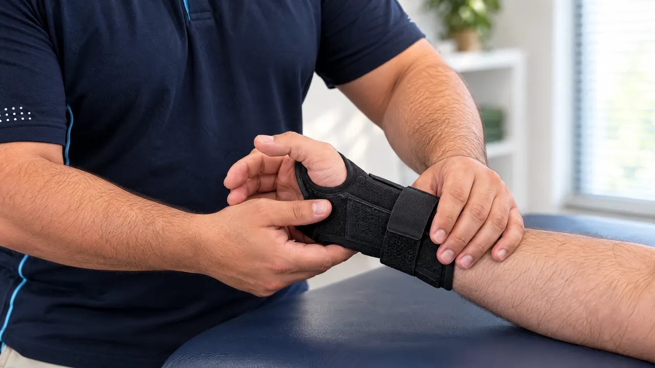 Close-up of wrist movement being checked in a removable wrist brace