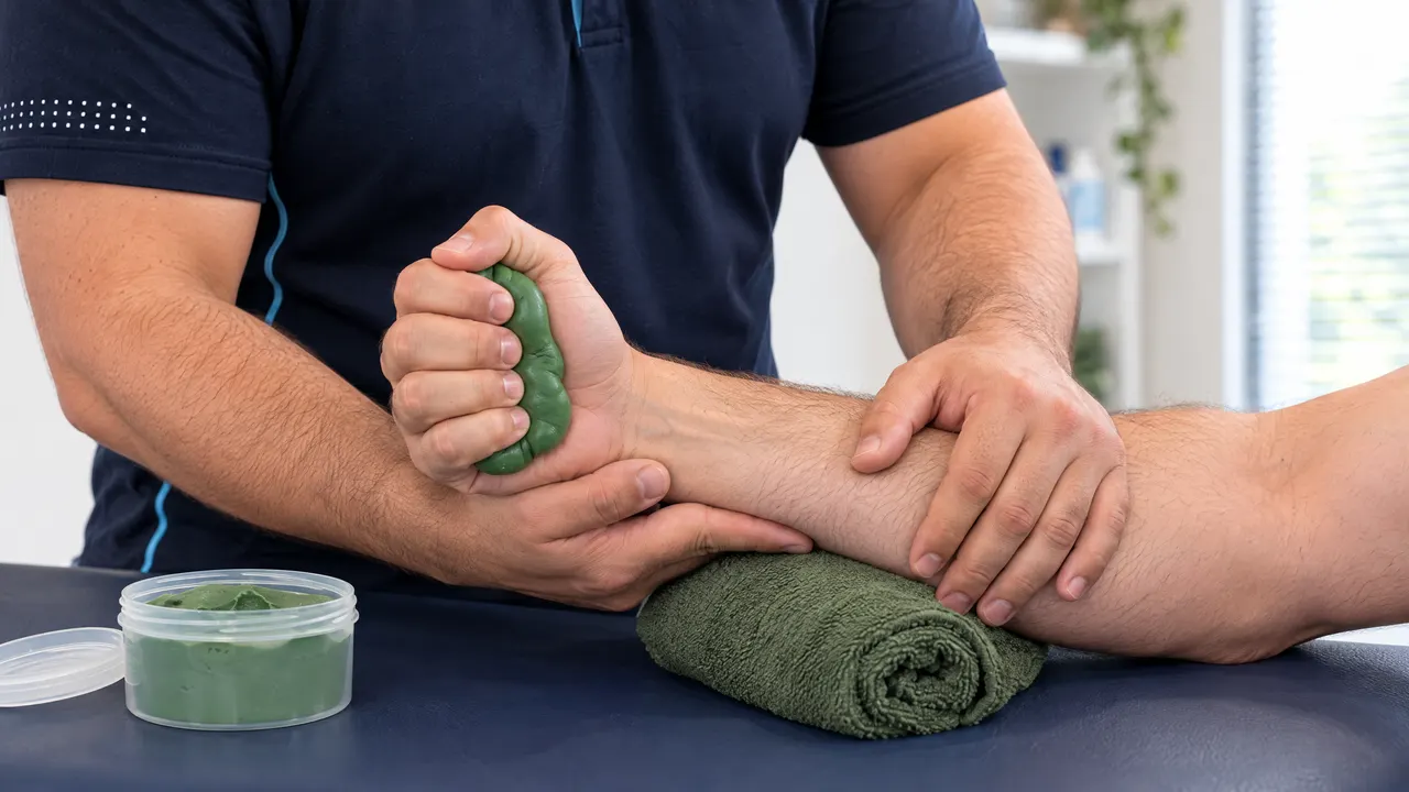 Close-up of a patient squeezing therapy putty while the physiotherapist supports his forearm