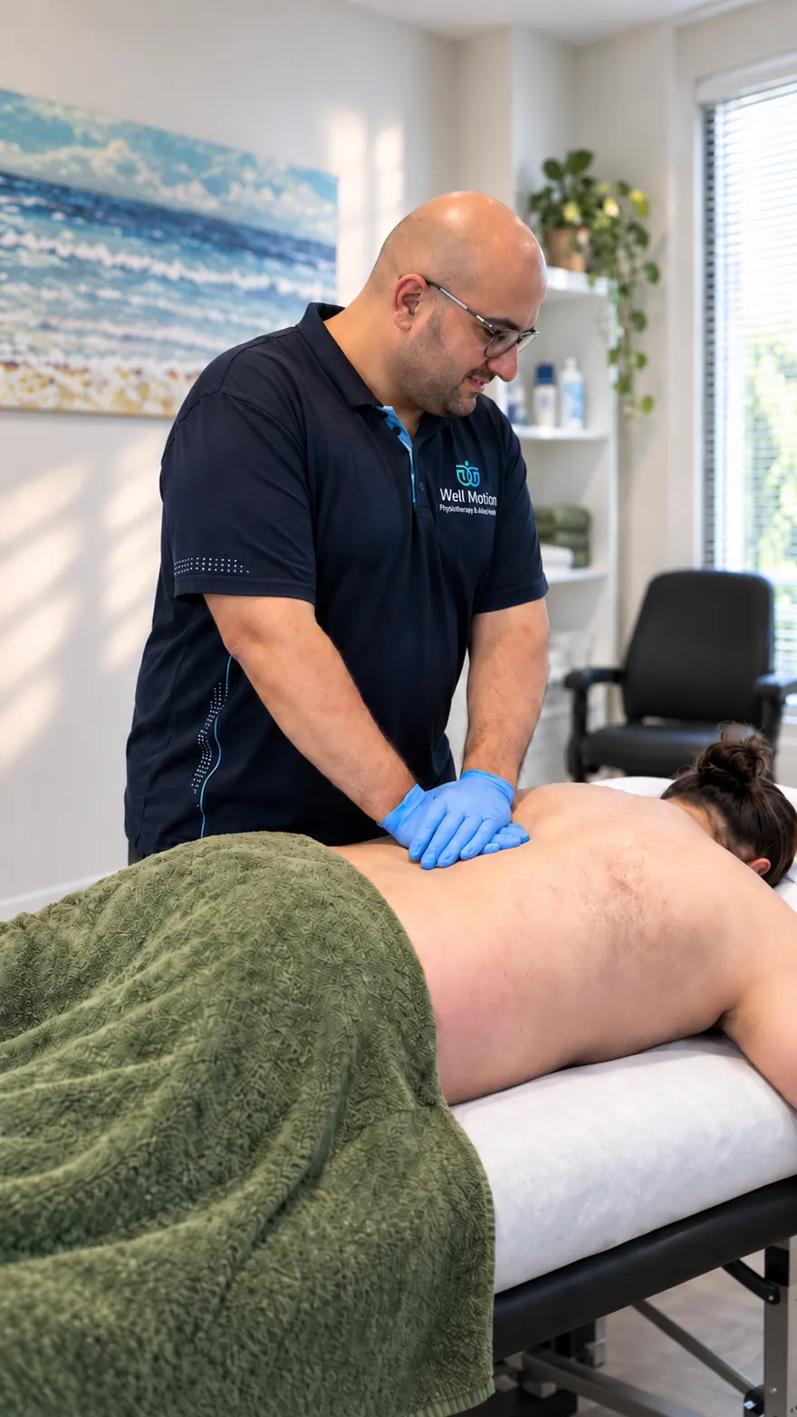 Physiotherapist providing hands-on lower back treatment to a patient in a Well Motion clinic room