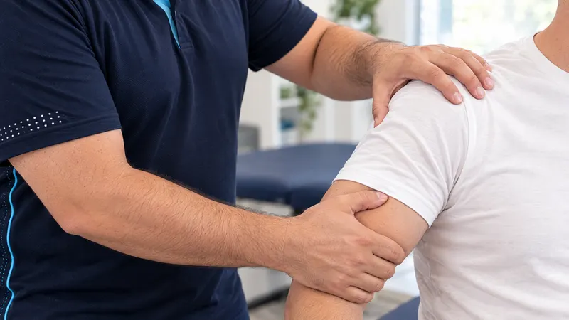 Close-up of hands-on shoulder mobilisation with a male patient