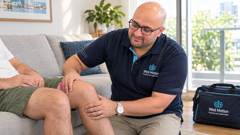 Ahmed Elsayed assessing a male patient’s knee during a home visit