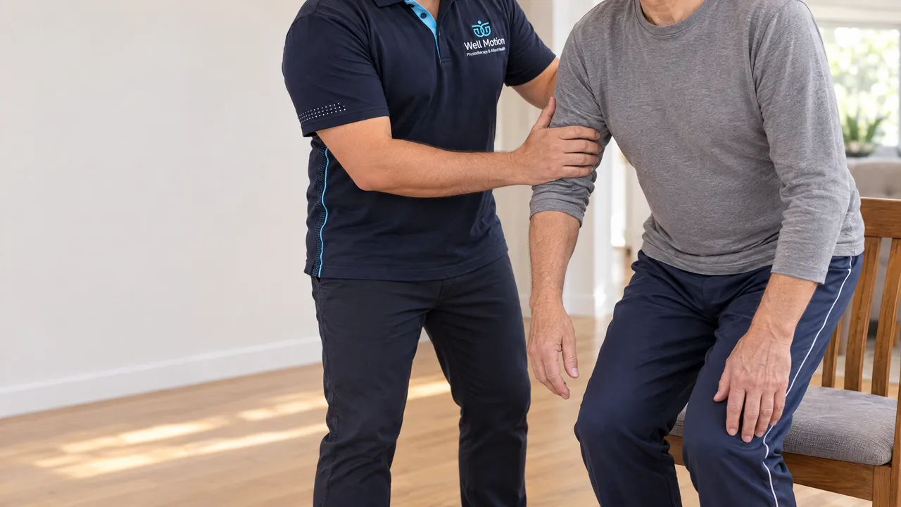 Close-up of a physiotherapist supporting an older male NDIS participant through a sit-to-stand exercise from a dining chair at home