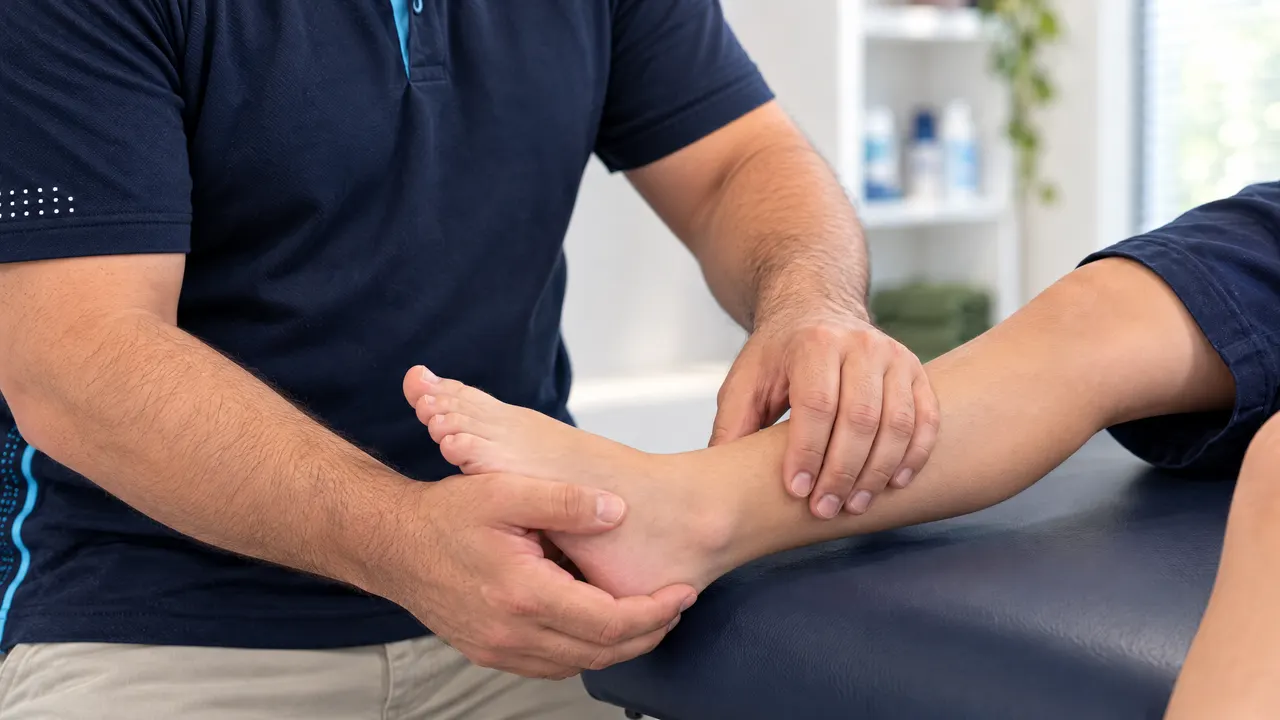 Close-up of a young boy’s foot and ankle being assessed