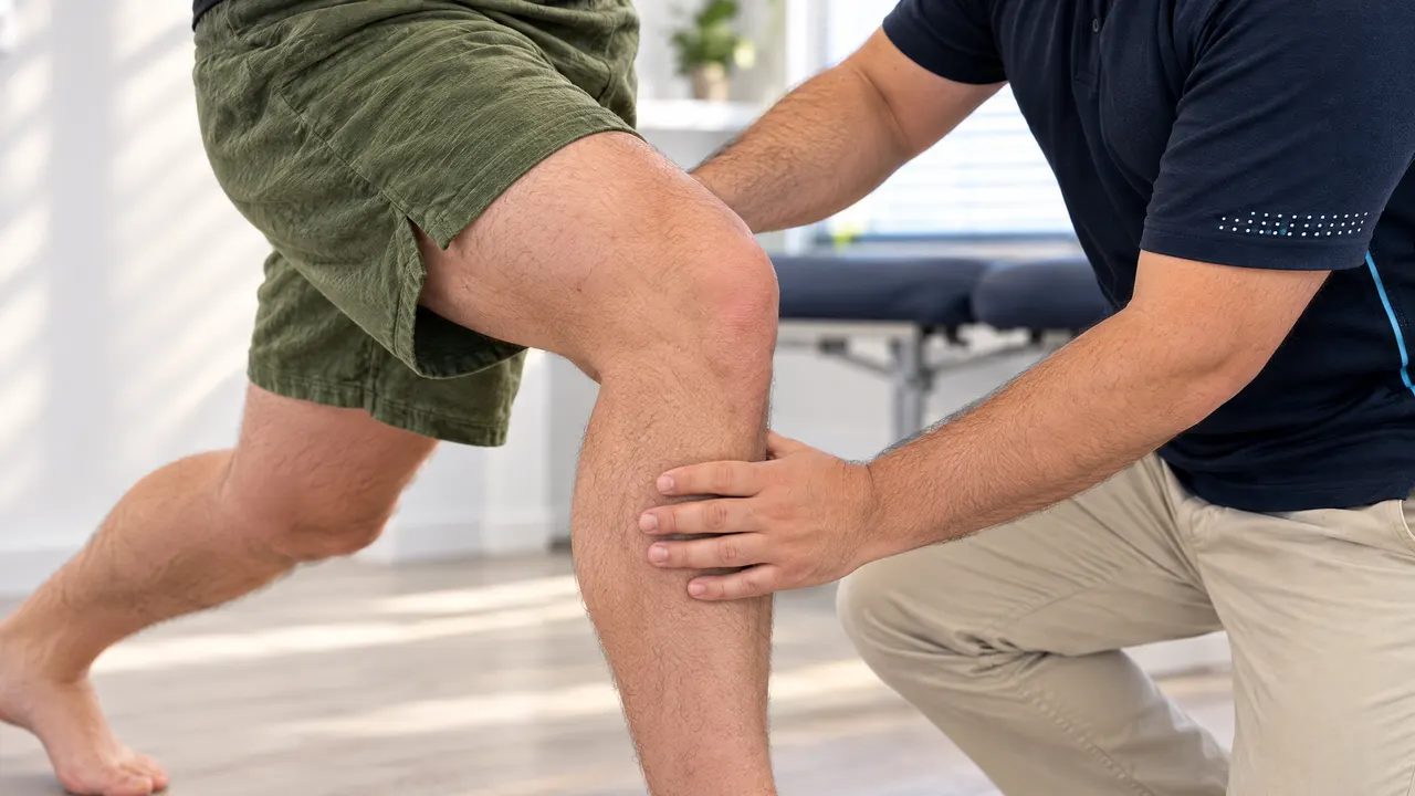 Close-up of a split-squat strengthening exercise with knee alignment being checked