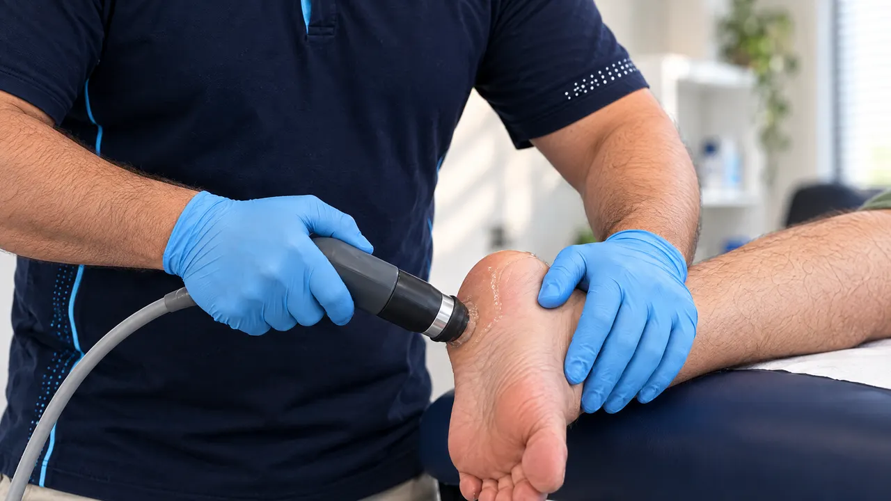Close-up of radial shockwave therapy applied to the heel of a male patient lying face down
