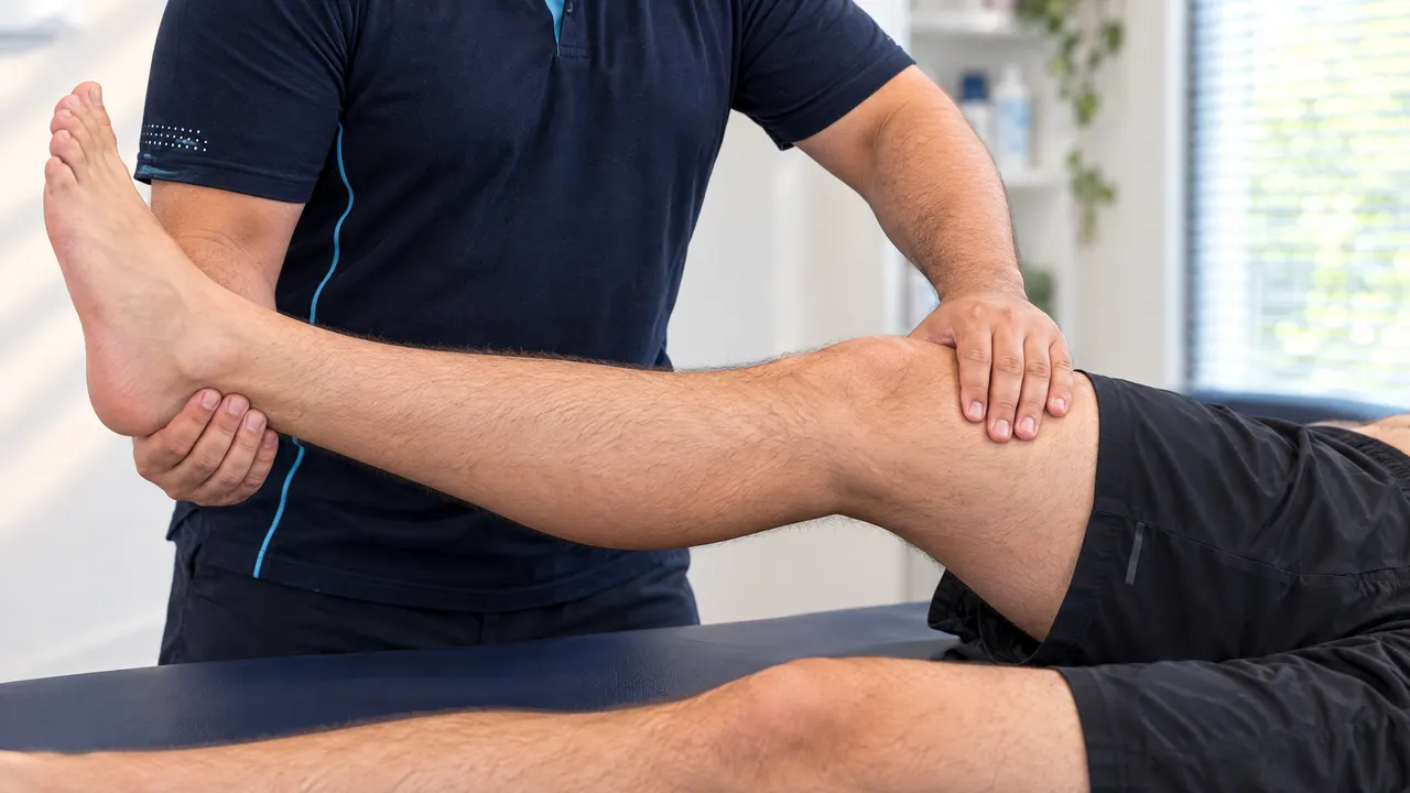 Close-up of a straight-leg raise hamstring assessment on an athlete