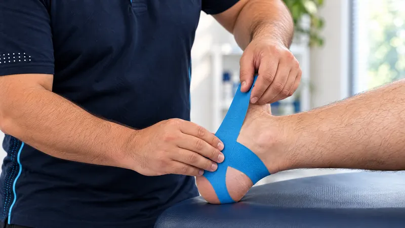 Close-up of kinesiology tape being applied to a male patient’s ankle