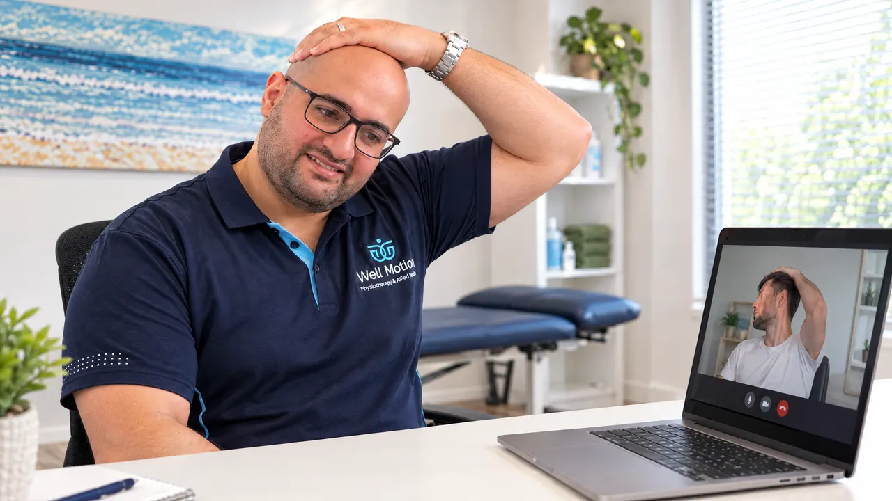 Ahmed Elsayed demonstrating a neck stretch during a telehealth video consultation