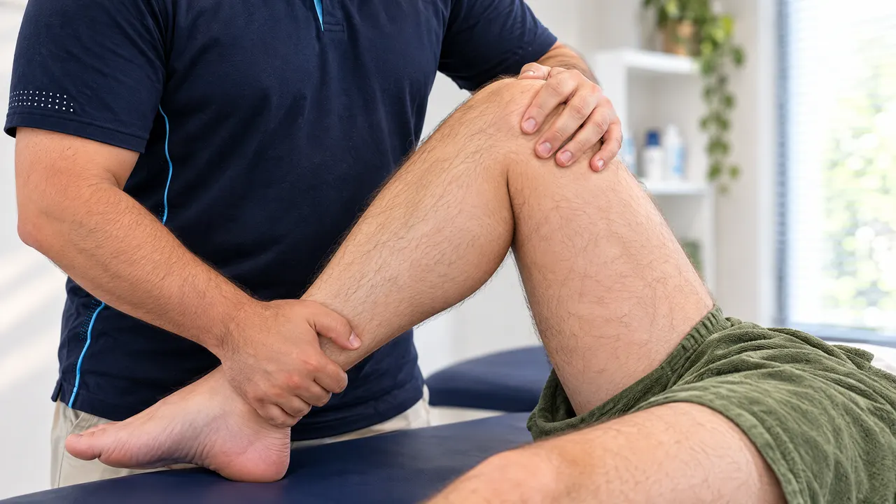 Close-up of a hip mobility assessment on the treatment table