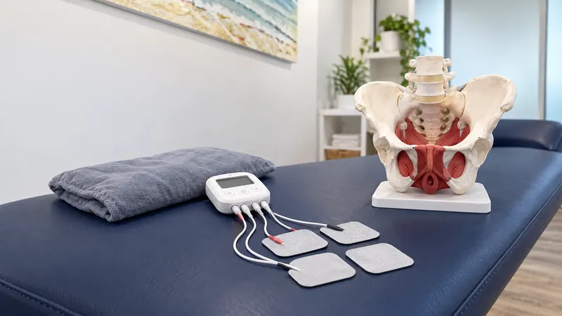 Pain management tools on a treatment table: a TENS unit with electrode pads, a heat pack and a pelvis model